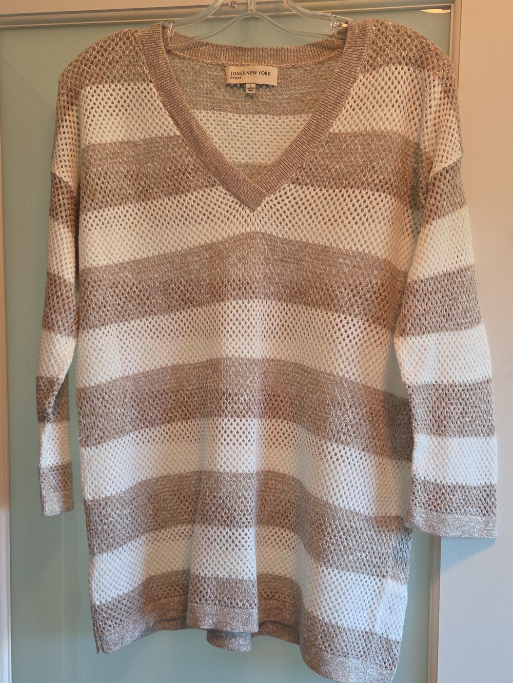 Jones New York Taupe and Cream Open-Knit V-Neck Sweater